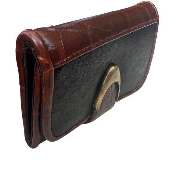 RGA Vintage Black Brown Croc Trim Trifold Wallet R5064 Brass Snap - Picture 2 of 10